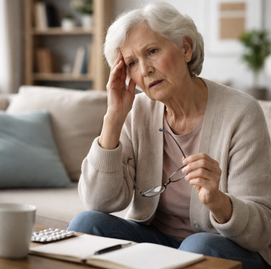 Personne âgée confuse assise à domicile